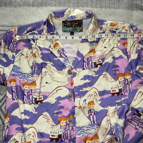 MUKZIN Adventure in Space Purple Print Button Up Long Sleeve Top Size L - Picture 6 of 12